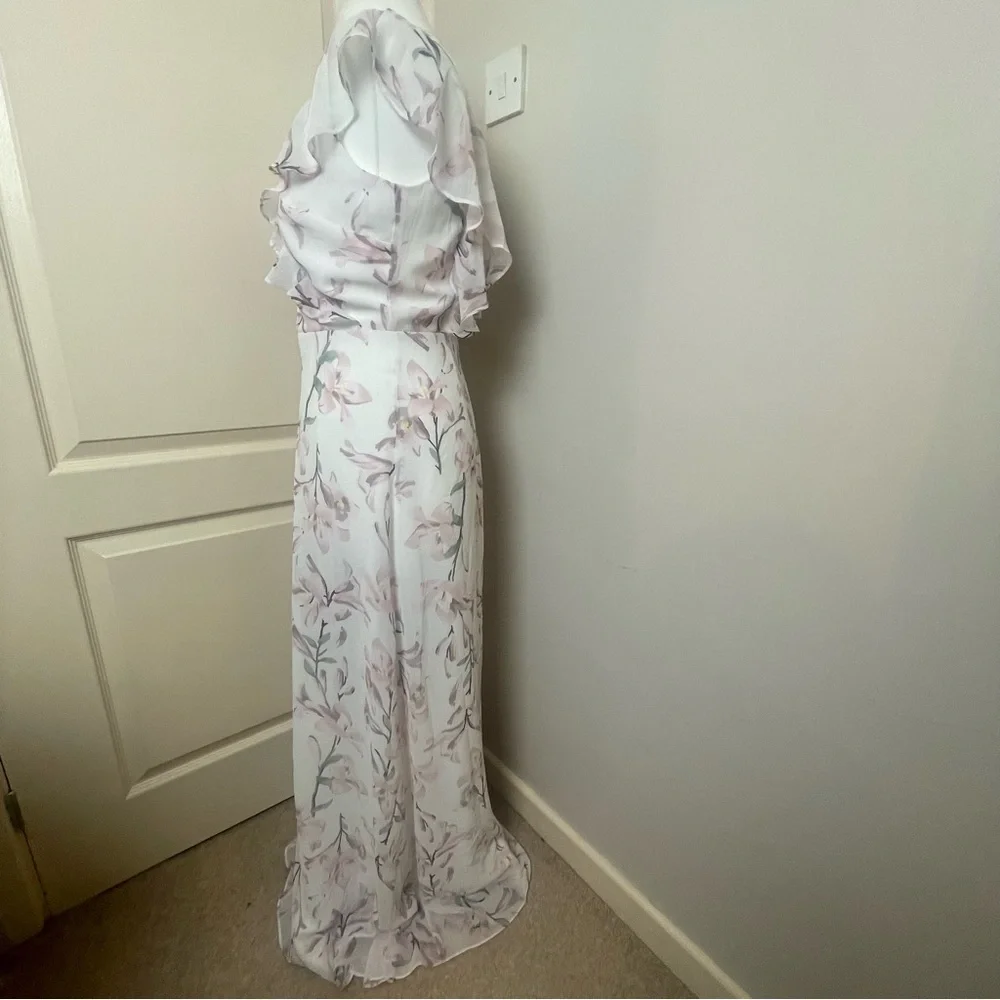 Warehouse Size 10 Frill Wrap Button Maxi Dress Floral Pink White Bridesmaid Chic - Picture 4 of 11